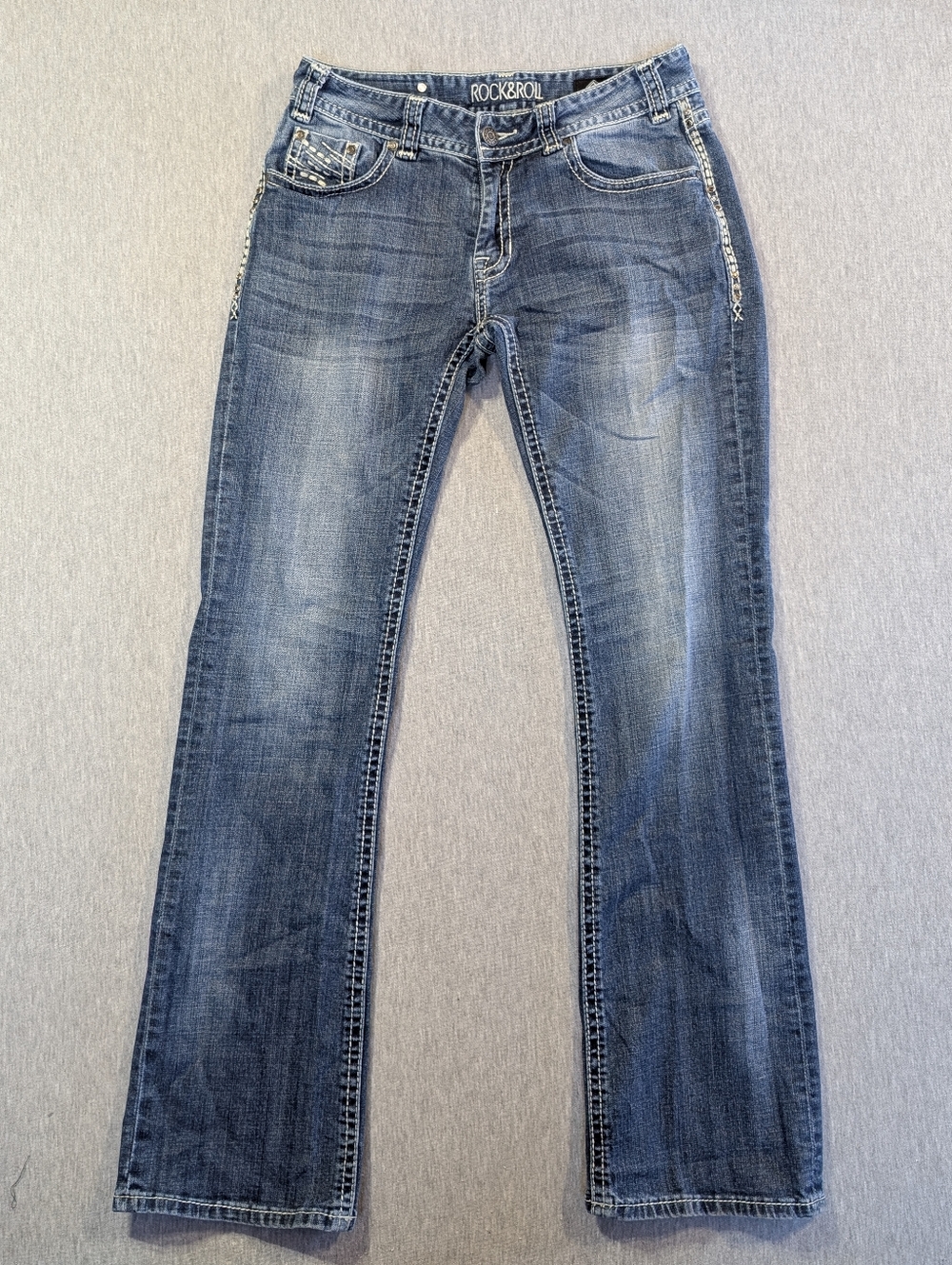 Rock & Roll Cowgirl Boot Cut Jeans in Blue Wash